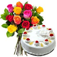 Deliver Wedding Gifts in India. 12 Mix Roses 1 Kg Pineapple Cake in India